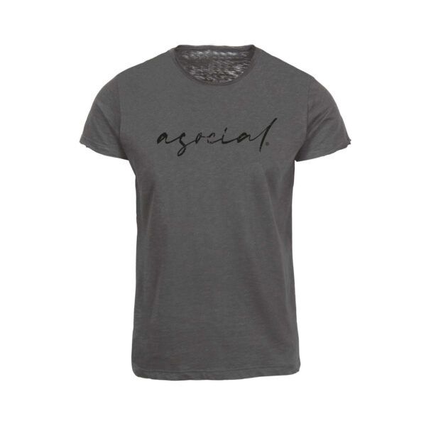 T-Shirt Uomo "Asocial was Born" Fiammata con collo e maniche a taglio vivo effetto vintage colore Antracite - logo Nero
