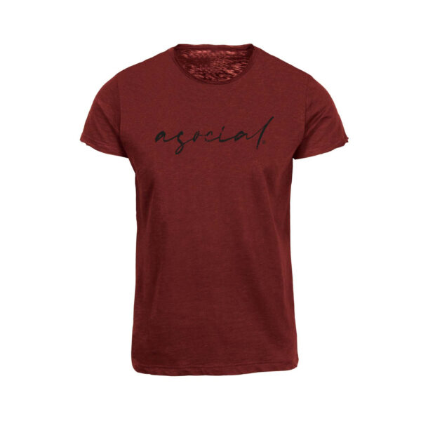 T-Shirt Uomo "Asocial was Born" Fiammata con collo e maniche a taglio vivo effetto vintage colore Bordeaux - logo Nero