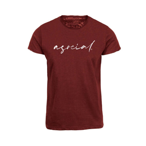 T-Shirt Uomo "Asocial was Born" Fiammata con collo e maniche a taglio vivo effetto vintage colore Bordeaux - logo Bianco