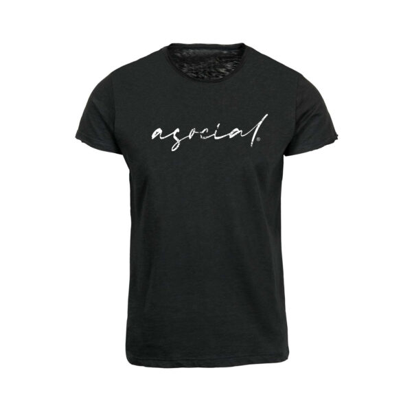 T-Shirt Uomo "Asocial was Born" Fiammata con collo e maniche a taglio vivo effetto vintage colore nero - logo Bianco