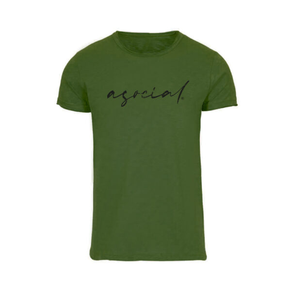 T-Shirt Uomo "Asocial was Born" Fiammata con collo e maniche a taglio vivo effetto vintage colore verde militare - logo Nero