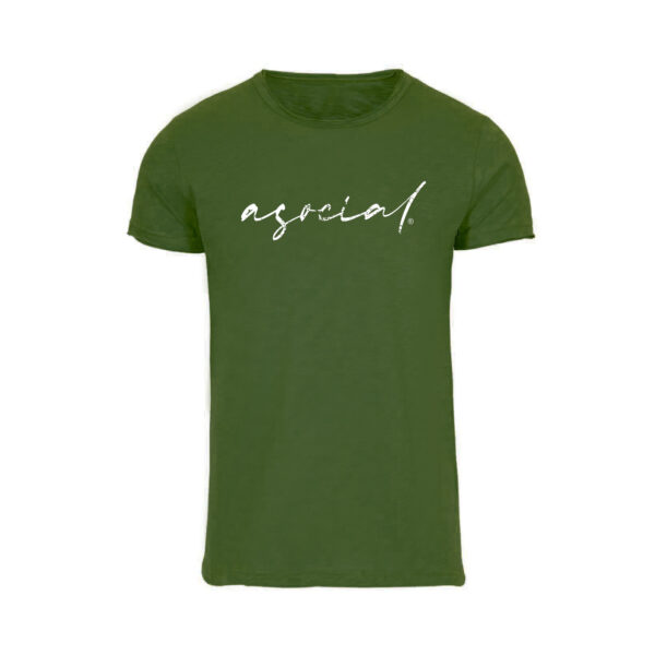 T-Shirt Uomo "Asocial was Born" Fiammata con collo e maniche a taglio vivo effetto vintage colore verde militare - logo Bianco