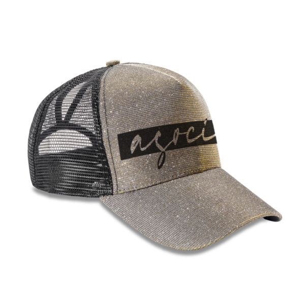 Cappellino retro trucker modello "asocial life style" con glitter su pannello frontale. Colore: Gold. Logo Black