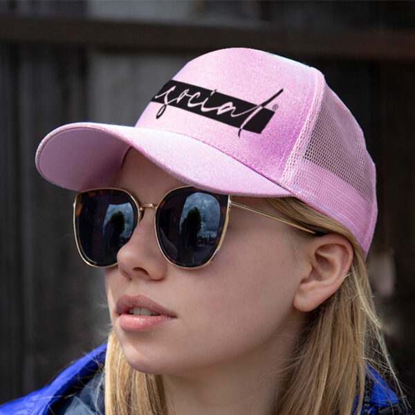 Cappellino retro trucker modello "asocial life style" con glitter su pannello frontale. Colore: Pink. Logo Black - 2