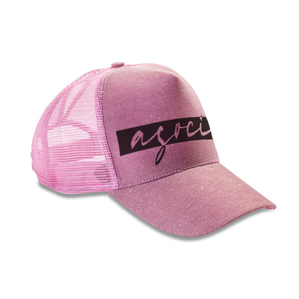 Cappellino retro trucker modello "asocial life style" con glitter su pannello frontale. Colore: Pink. Logo Black