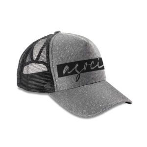 Cappellino retro trucker modello "asocial life style" con glitter su pannello frontale. Colore: Silver. Logo Black