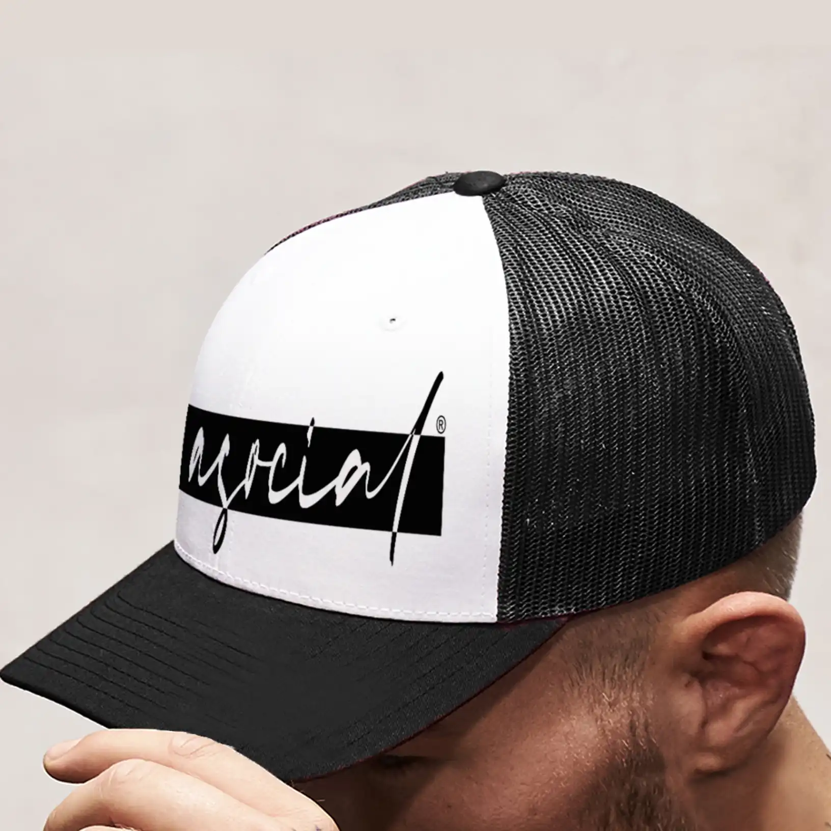 Cappello Retro Trucker "Asocial life Style" - Tinta bicolore - colore bianco/Nero - logo Black